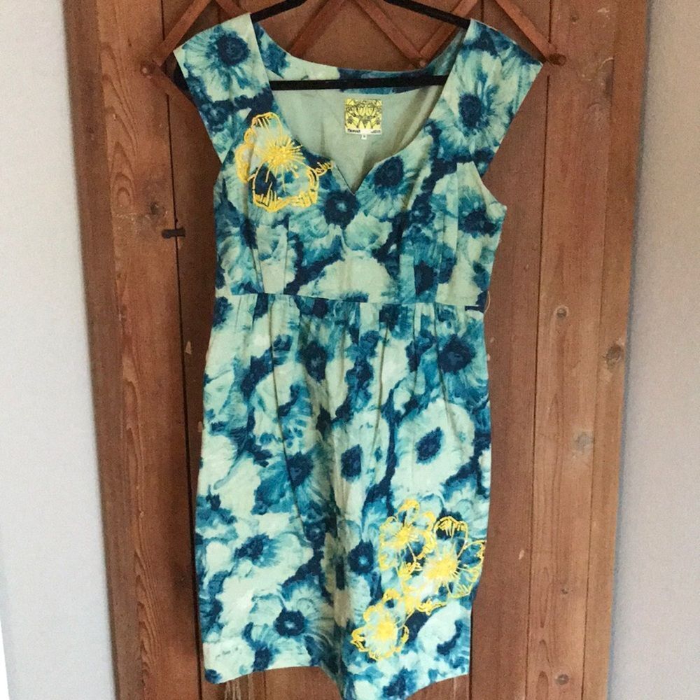 Vintage Floreat Anthro blue tie-dye floral print yellow Sequin summer dress